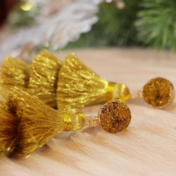 14K Yellow Gold with Gold Silk Thread Tassel and Quartz Druzy Post Drop Earrings - Picture 2 of 9